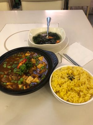 Spicy tofu with rice and soup at Loving Hut - Heping Branch in Taipei