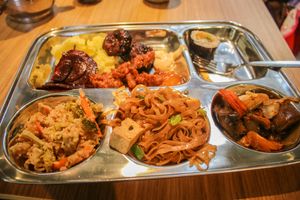 selection from the buffet - kung pao, pad thai, sushi, sticky soy with mashed potatoes and beetroot at Dhaba Beas - Lucerna in Prague