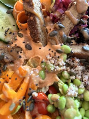 Super Food Salad with extra s seitan tricken  at PEACH in Newport