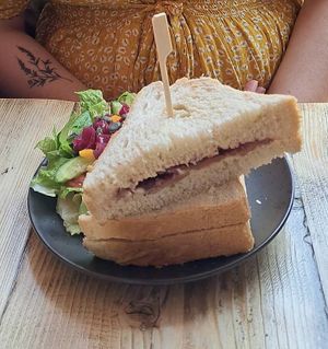 Delicious ‘bacon’, ‘cream cheese’, and cranberry sauce sandwich!  at PEACH in Newport