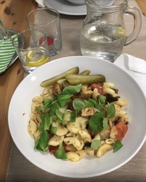 Tempeh, gluten free pasta at Vesta in Roznov Pod Radhostem