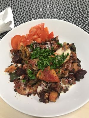 Baked potatoes and vegetable, dry tomato, black lentil, garlic dip at Vesta in Roznov Pod Radhostem