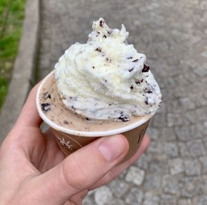 grande cup of ice cream, crumble and stracciatella flavorred  at Gelateria La Romana - Viale Col di Lana in Milan
