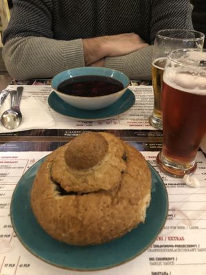 Beetroot soup with cabbage pierogi (very light and tasty!) + mushroom soup #Veganuary at Pierogarnia Krakowiacy in Krakow