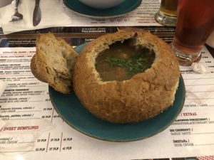 Mushroom soup served in bread #Veganuary at Pierogarnia Krakowiacy in Krakow
