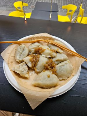 Lentil filling and caramelized onion at Pierogarnia Krakowiacy in Krakow