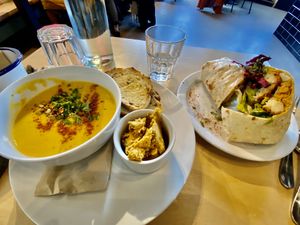 Had a pumpkin soup with hummus and cauliflower wrap. Well balanced tasty food it was. Great coffee too. at Sweet As... Diner + Deli in Sligo