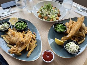 Vegan Fish & Chips with Vegan Tartar Sauce and Vegan Caesar Salad.  at Kylesku Hotel in Lairg