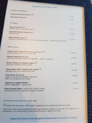 Vegan/vegetarian menu nov'19 at Kylesku Hotel in Lairg