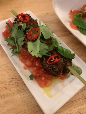 Falafel
Skewed falafel balls.
Tasty & healthy made of chickpeas and Tahini (sesame).
Soo.. good you'll ask for more! at Kukla in Valencia