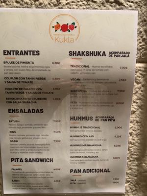 Spanish menu at Kukla in Valencia