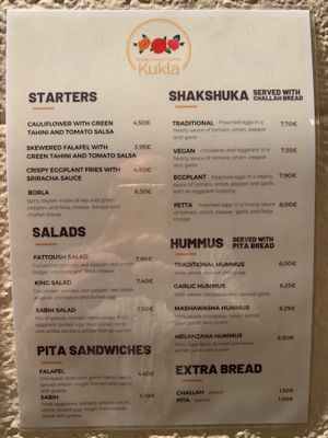 English menu at Kukla in Valencia