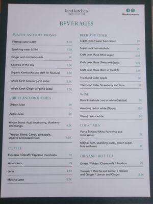Drinks menu at Kind Kitchen in Porto