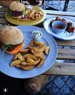 Beyond burger, tofu nuggets and Seitan schnitzel burger🍔 Dogs are welcome both inside and outside!  at Kind Kitchen in Porto