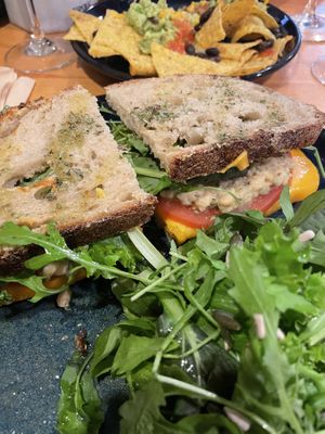 „Tuna“ (chickpea) Sandwich is really flavourful!  at Kind Kitchen in Porto