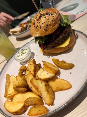Burger was so tasty and fries as well!  at Kind Kitchen in Porto