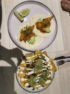 Shrimp tacos & Nachos  at Kind Kitchen in Porto