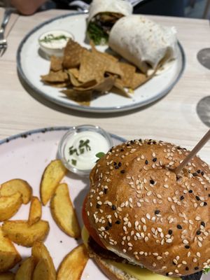 Seitan burger and burrito   at Kind Kitchen in Porto