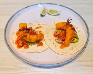 Scrumptious "prawn" tacos. at Kind Kitchen in Porto
