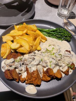 Seitan w/mushroom stroganoff at Kind Kitchen in Porto