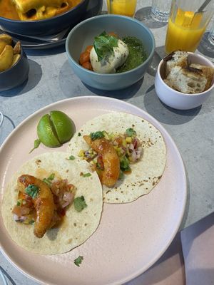 burrata (in the back) and prawn tacos  at Kind Kitchen in Porto