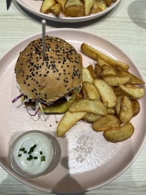 Seitan and bacon burger - crispy burgher that was excellent and huge   at Kind Kitchen in Porto