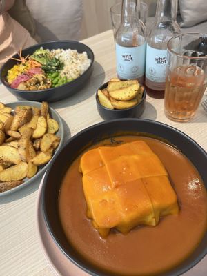 Francesinha, Poke Bowl and chips (all vegan)  at Kind Kitchen in Porto