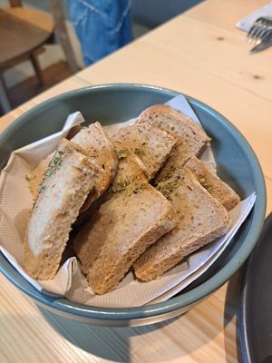Soup comes with this bread at Kind Kitchen in Porto