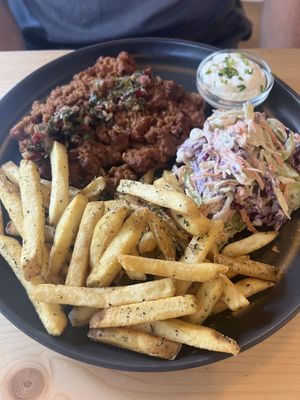 Chimichurri ‘steak’ with chips and coleslaw   at Kind Kitchen in Porto