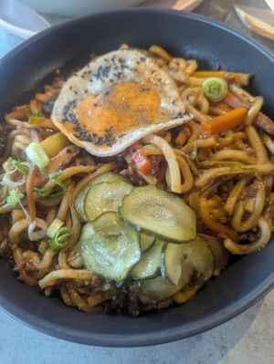 Noodle mushroom dish at Kind Kitchen in Porto