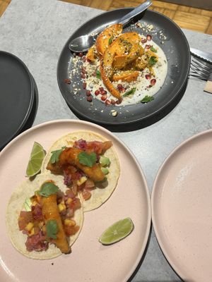 Shrimp tacos + pumpkin feta  at Kind Kitchen in Porto