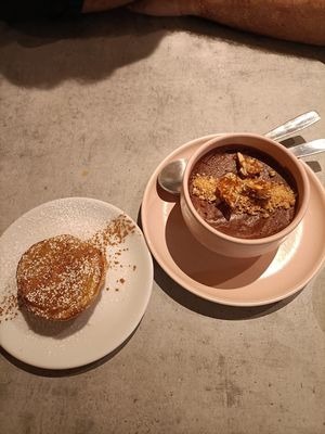 Caramel chocolate mousse and pastel de nata  at Kind Kitchen in Porto