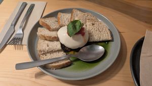 Kind take on Burrata (great basil oil) at Kind Kitchen in Porto