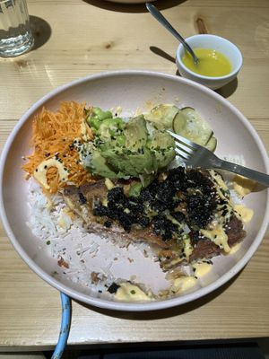 Salmon bowl partially eaten   at Kind Kitchen in Porto
