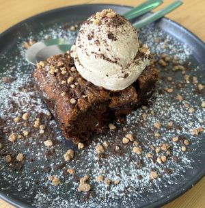 Peanut brownie with ice creamm  at Kind Kitchen in Porto