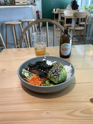 Main course with “vegsalmon”, avocado, rice and crispy seeweed  at Kind Kitchen in Porto