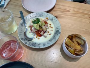 Ceviche with plantain chips and Kombucha at Kind Kitchen in Porto