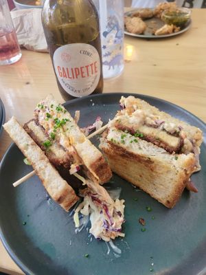 Vegan cider and katsu sandwich  at Kind Kitchen in Porto