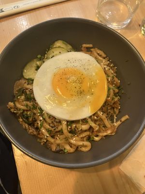 Yaki udon noodles with fake egg that smelled a lot like a real egg! (Made w rice flour, sweet potato and carrots)  at Kind Kitchen in Porto