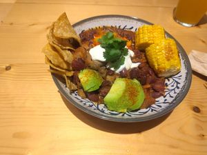 This is the mushroom and bean chilli. It's not that spicy and the corn is a bit hard to work with, but it was a good filling portion and I would eat it again. at Kind Kitchen in Porto