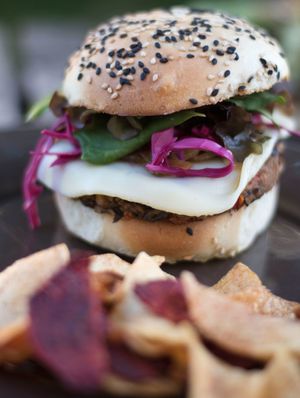 Black bean and mushroom burger, with chips and vegan mayo.  at Kind Kitchen in Porto