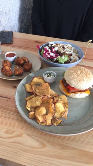 middle east bowl, tofu nuggets and seitan schnitzel burger at Kind Kitchen in Porto