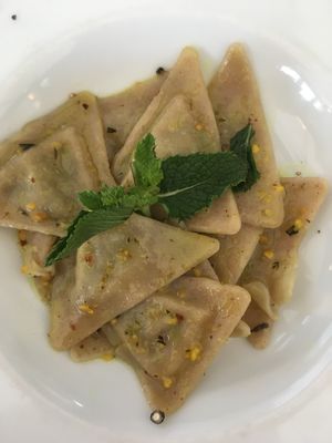 Mezzelune pasta seasoned with mint, turmeric and coconut oil at Il Principe d'Oro in Vidracco