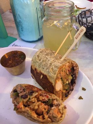 Fajita Burrito with Vegan lime/cilantro chicken, chipotle salsa. at Tocaya Modern Mexican in Scottsdale