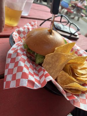 Beyond burger with chips  at Falls City Pub in Ohiopyle