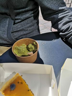 Pistachio ice cream and passion fruit cake at Cafe Prassen in Rauma