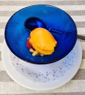 Sea buckthorn sorbet on fresh grapefruit and mangoe at MythenForum in Schwyz