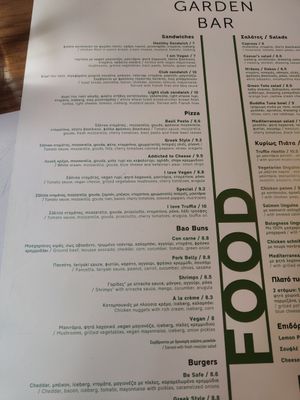 Menu with vegan options at The Garden Bar in Thessaloniki