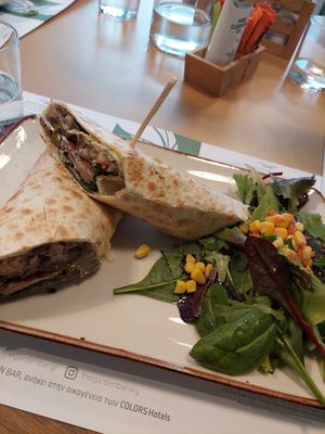 vegan tortilla with roasted vegetables and pesto at The Garden Bar in Thessaloniki