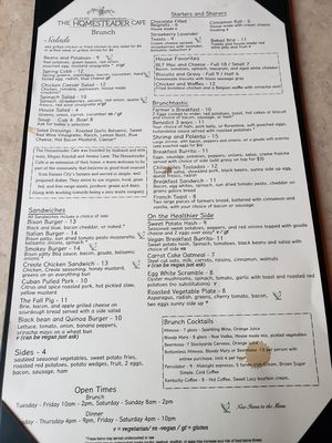 Brunch menu at The Homesteader Cafe in Kansas City